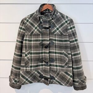 Bass Plaid Wool Toggle Coat L Green Gray Preppy 90s Ivy Vintage